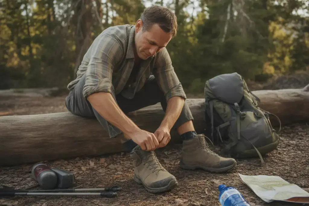 18 The Victorious Return Pose Man Sitting Relaxed Removing His Hiking Boots At Trail End