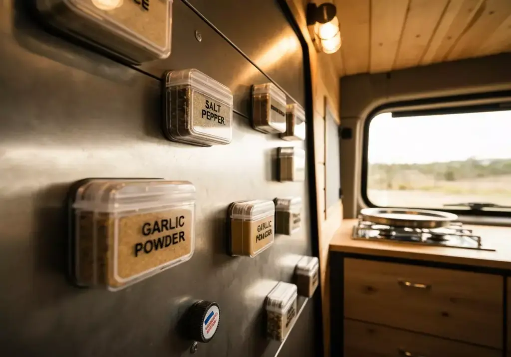 1b Magnetic Spice Wall System On Van Interior With Clear Containers And Labels Near Cooking Area