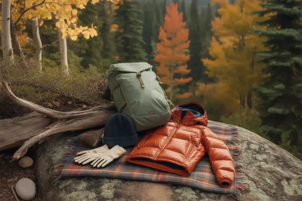 Earth Tone Hiking Gear Arranged On Natural Textured Surface With Autumn Foliage Background