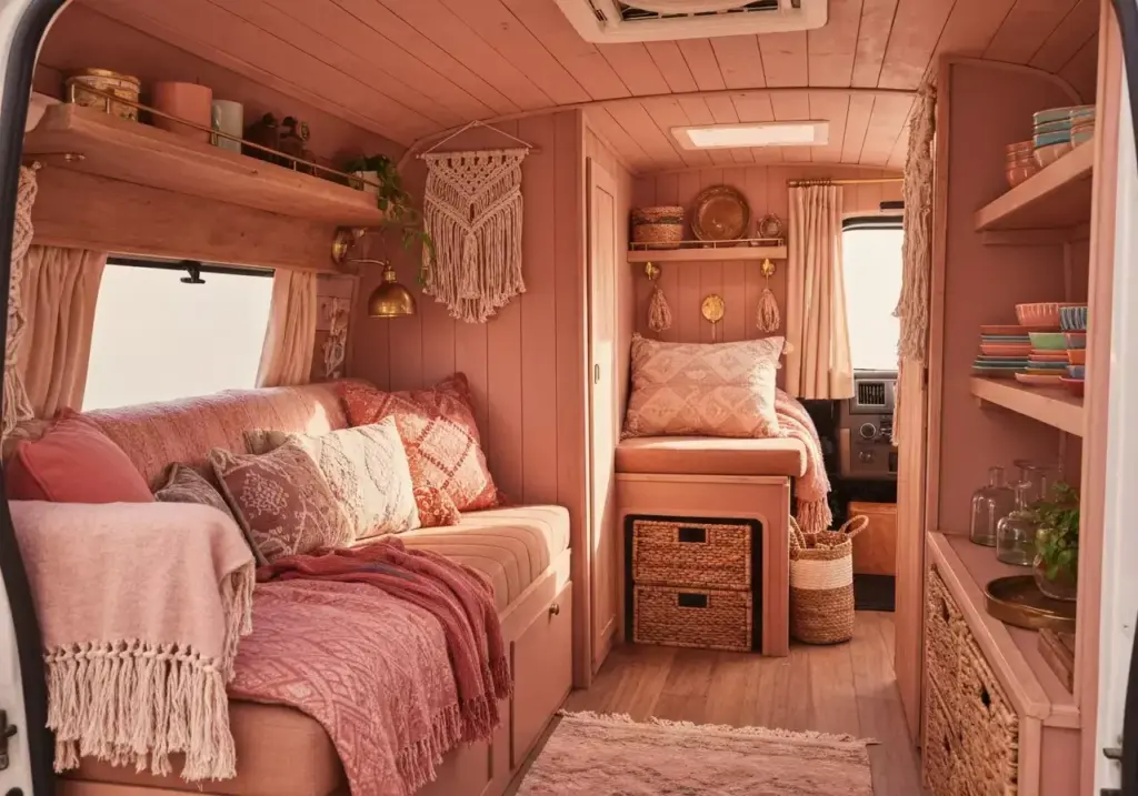 A Bohemian Van Interior With Dusty Rose Walls Textured Fabrics And Vintage Brass Fixtures
