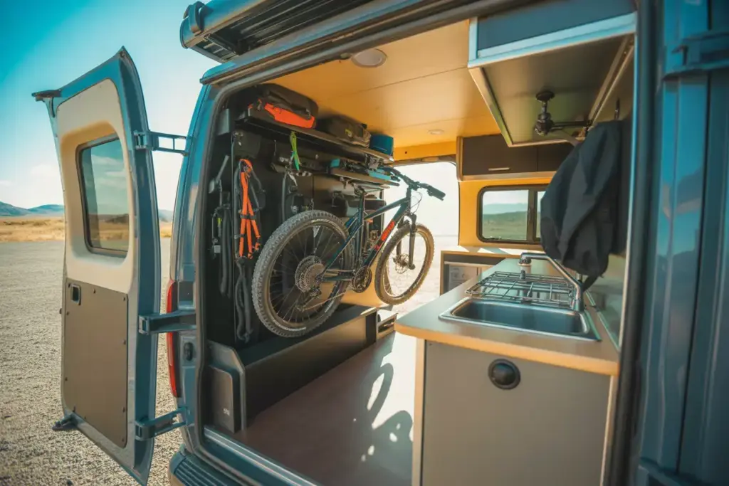 Adventure Duo Van Layout With Murphy Bed Gear Storage And Slide Out Kitchen Components