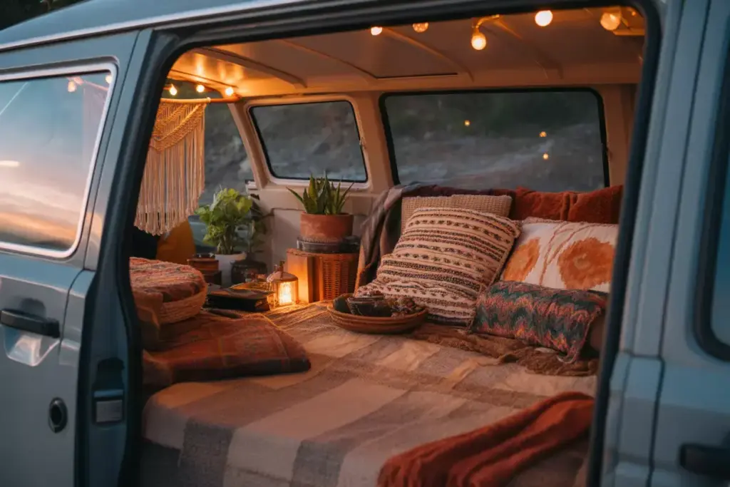 Bohemian Van Retreat With Macrame Plants And Layered Textiles At Dusk