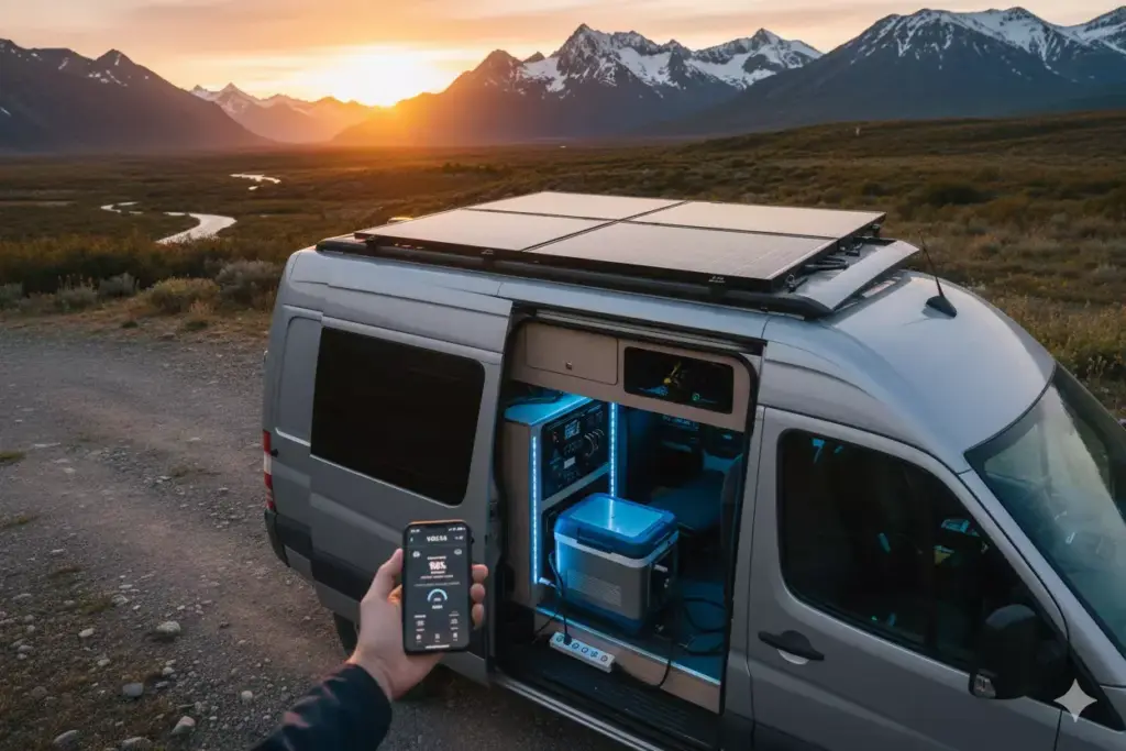 Campervan With Solar Panels And Interior Power Station In Scenic Off Grid Location