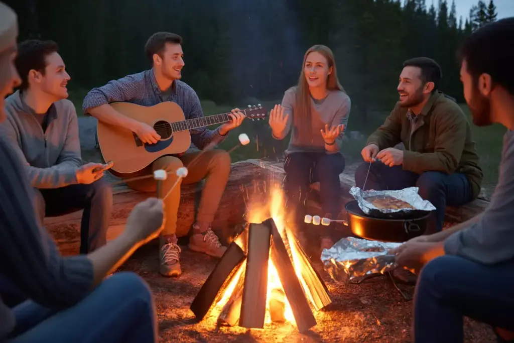 Campfire Gathering With Musical Instruments And Cooking In Mountain Setting