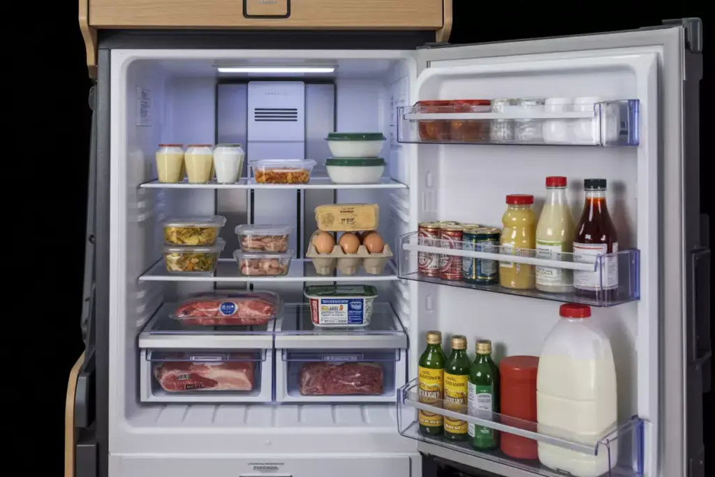 Caravan Fridge Interior Showcasing Organized Temperature Zones For Meat Dairy And Drinks