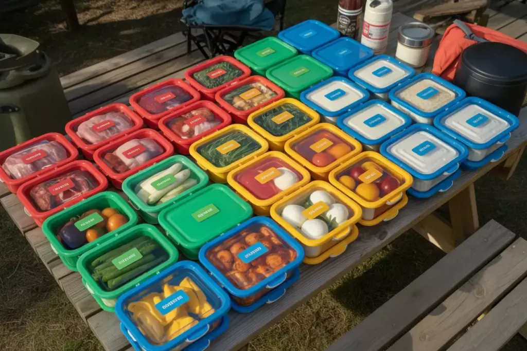 Color Coded Food Containers Red Green Blue Yellow Clear For Camping Organization