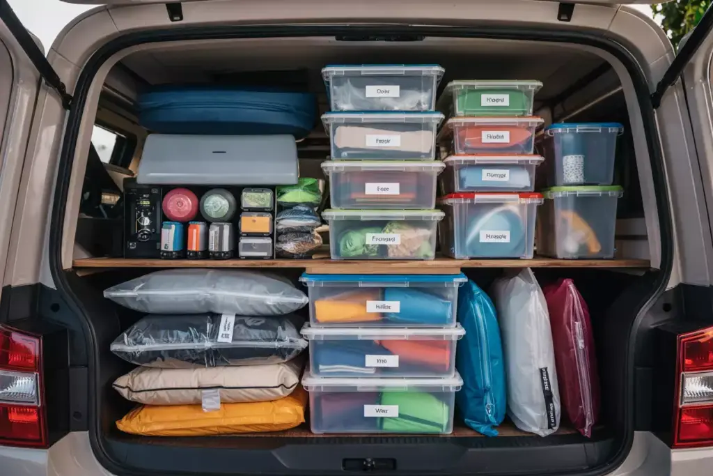 Color Coded Stackable Modular Storage Containers And Vacuum Bags In Campervan