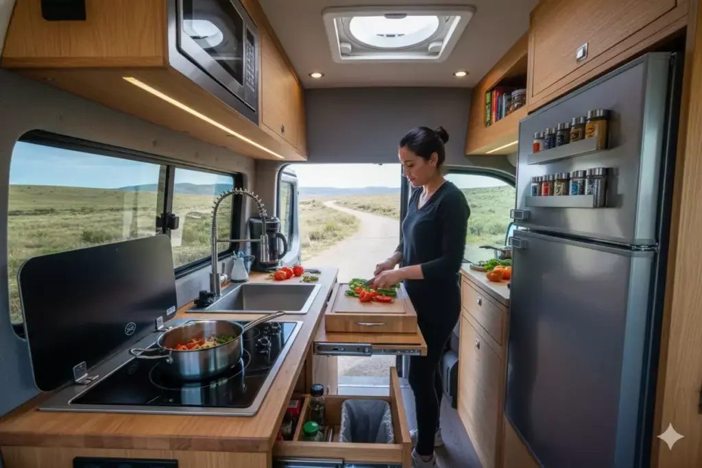 Compact Galley Kitchen With Induction Cooktop And Slide Out Cutting Board In Ford Transit