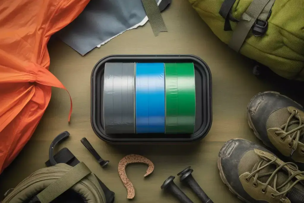Diy Duct Tape Repair Kit With Multiple Colored Rolls And Camping Gear Examples
