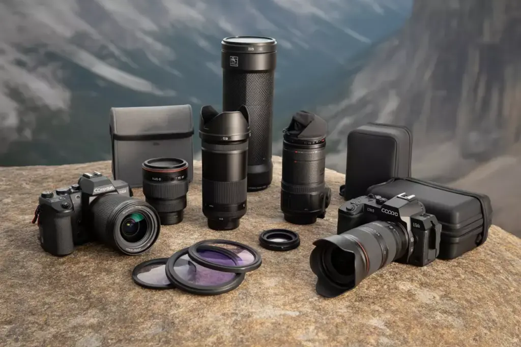 Essential Gear And Equipment For Mountain Photography Success Including Weather Sealed Camera Lenses And Tripod On Rocky Surface