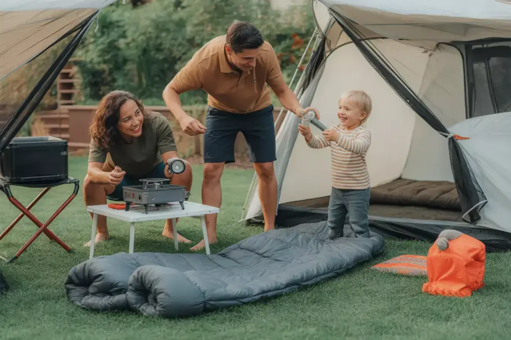 Family Practicing Tent Setup And Camping Skills In Their Sunny Backyard
