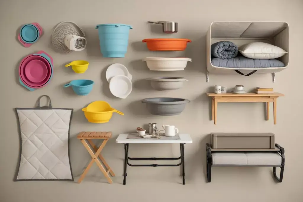 Flat Lay Of Collapsible Silicone Items And Multi Purpose Furniture In Rv
