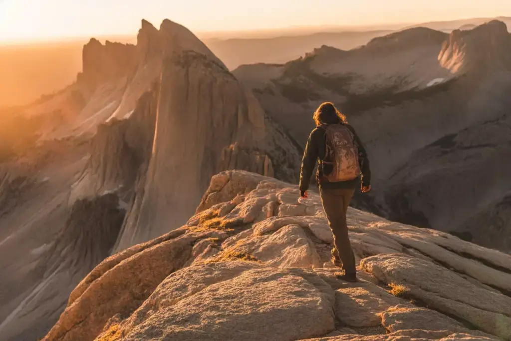 Golden Hour Hiker On Mountain Ridge With Warm Diffused Sunlight