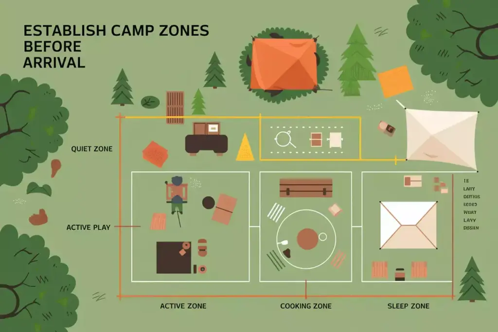 Illustrated Campsite Layout Diagram With Quiet Play Cooking Sleep Zones Demarcated