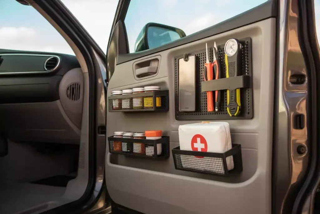 Magnetic Organizers On Minivan Interior Panel Holding Tools Supplies Phone