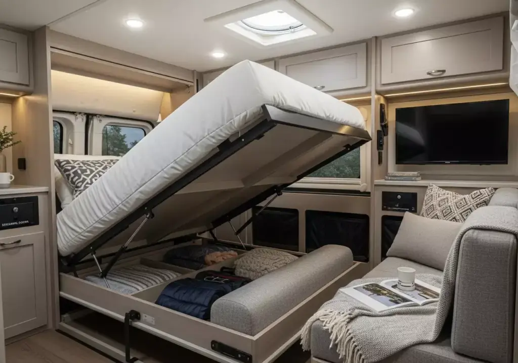 Murphy Bed Van Interior Partially Raised Revealing Lounge Seating And Storage