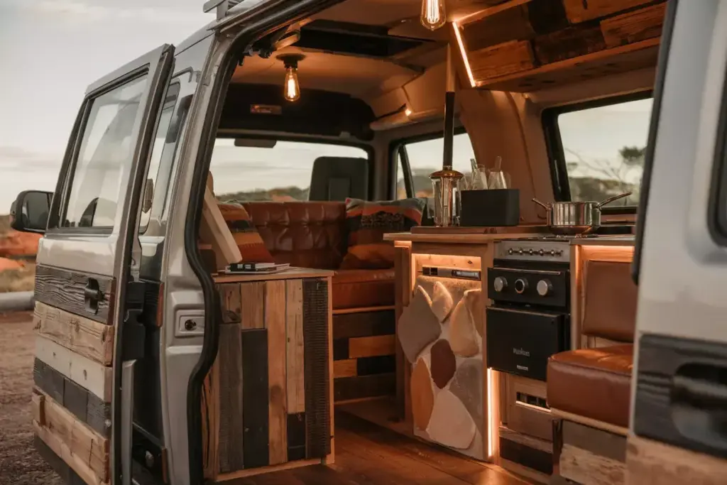 Outback Rustic Van With Reclaimed Timber Leather And Vintage Lighting
