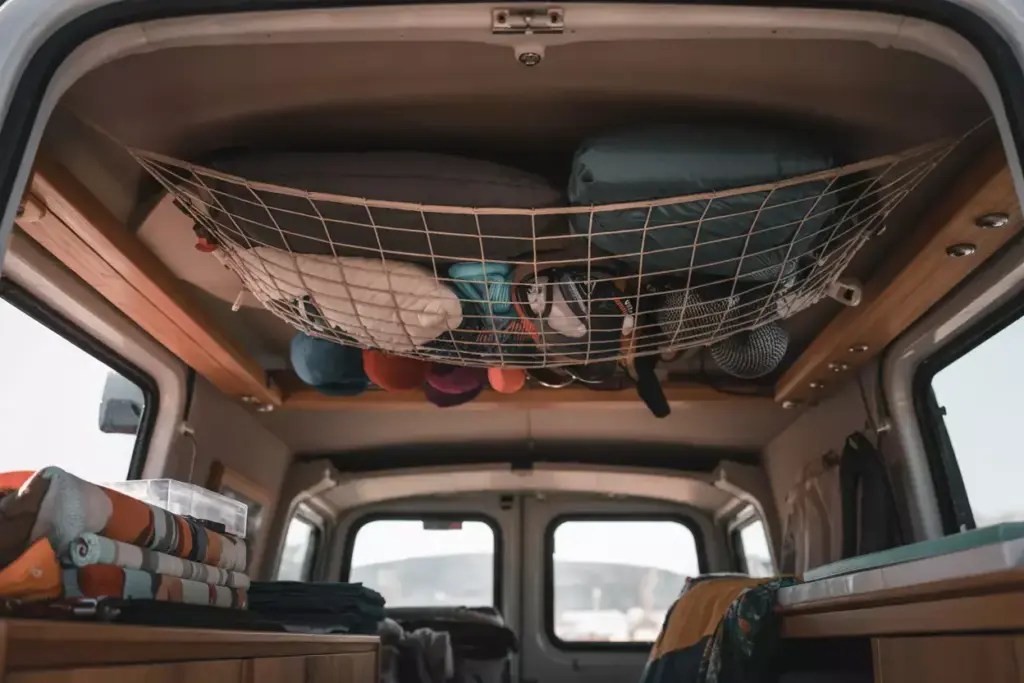 Overhead Cargo Net Storing Bedding Clothing And Gear Under Van Ceiling