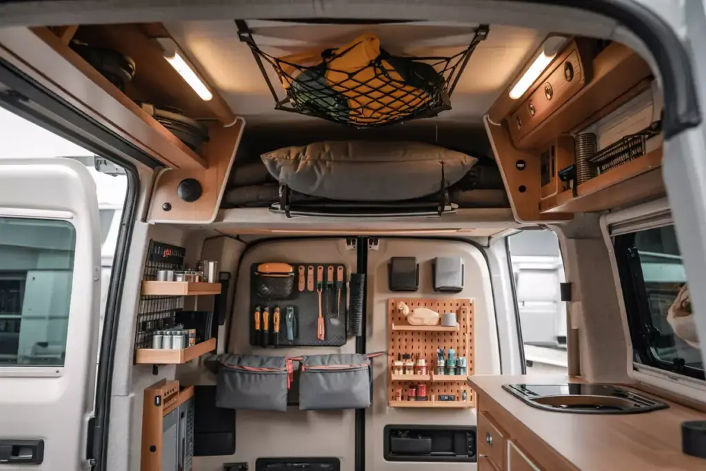 Overhead Cargo Nets Wall Pegboards And Magnetic Strips Maximizing Vertical Storage In Campervan