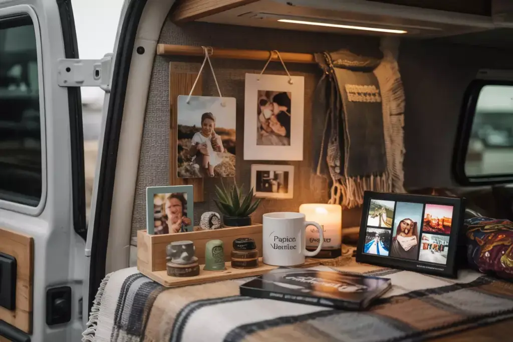 Personal Touches And Familiar Items Displayed On Van Shelf With Photos And Plants