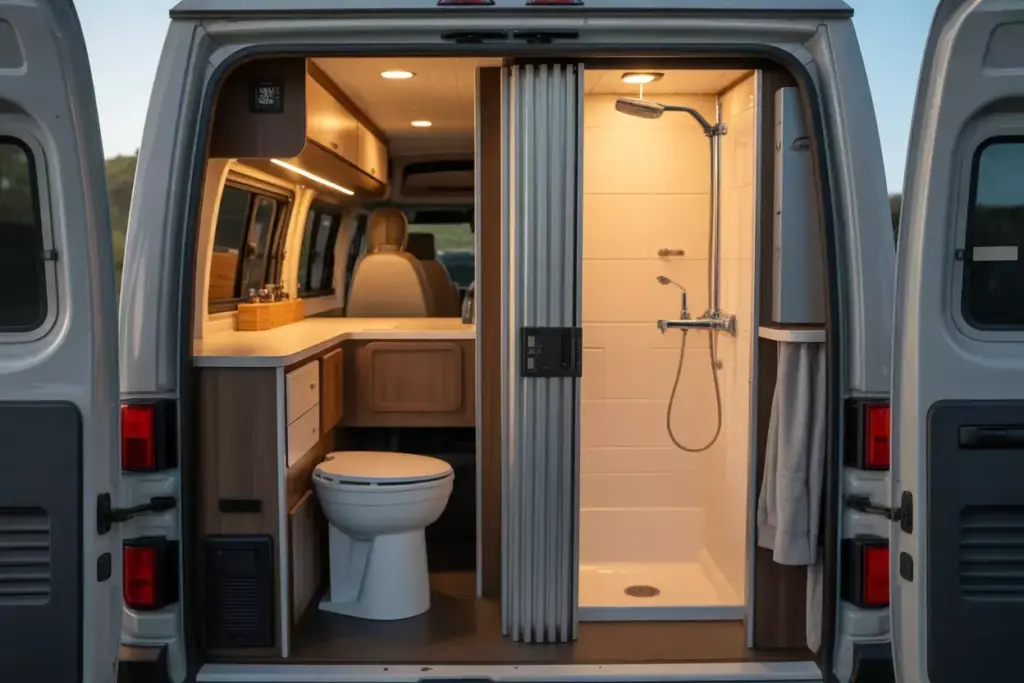 Split Bathroom Layout In Van With Separate Toilet And Shower Compartments