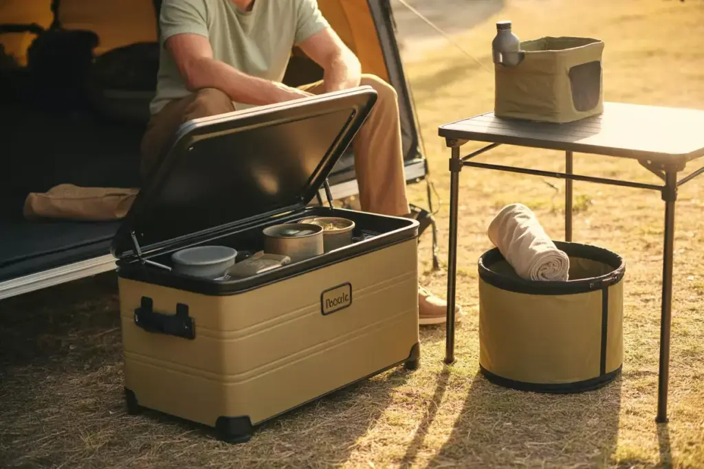 Storage Ottoman And Camp Table With Built In Baskets In Use At Campsite
