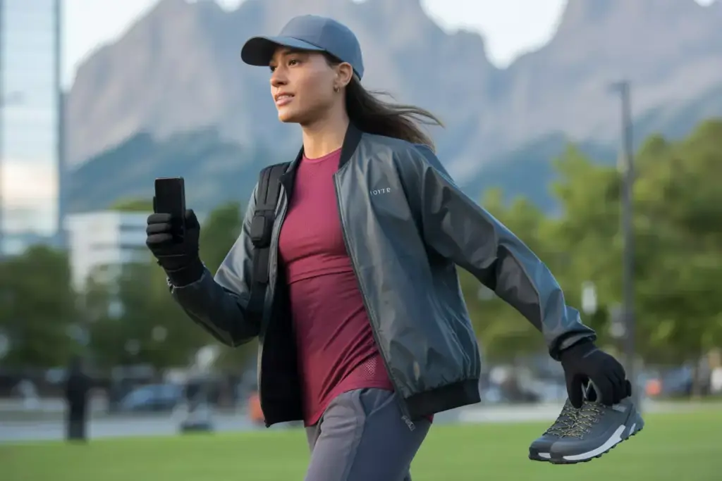 The Urban Mountain Fusion Outfit With Technical Bomber Performance Joggers And Hybrid Sneakers