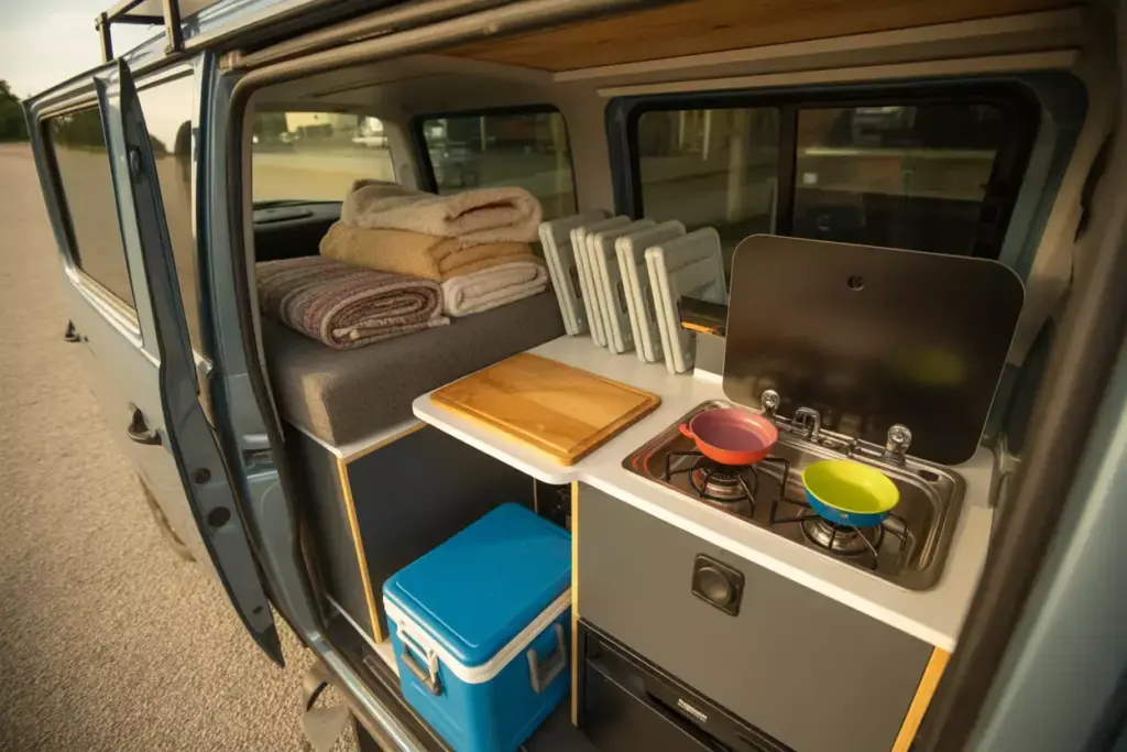 Van Living Area With Multi Functional Ottoman Cooler Cutting Board And Nesting Cookware