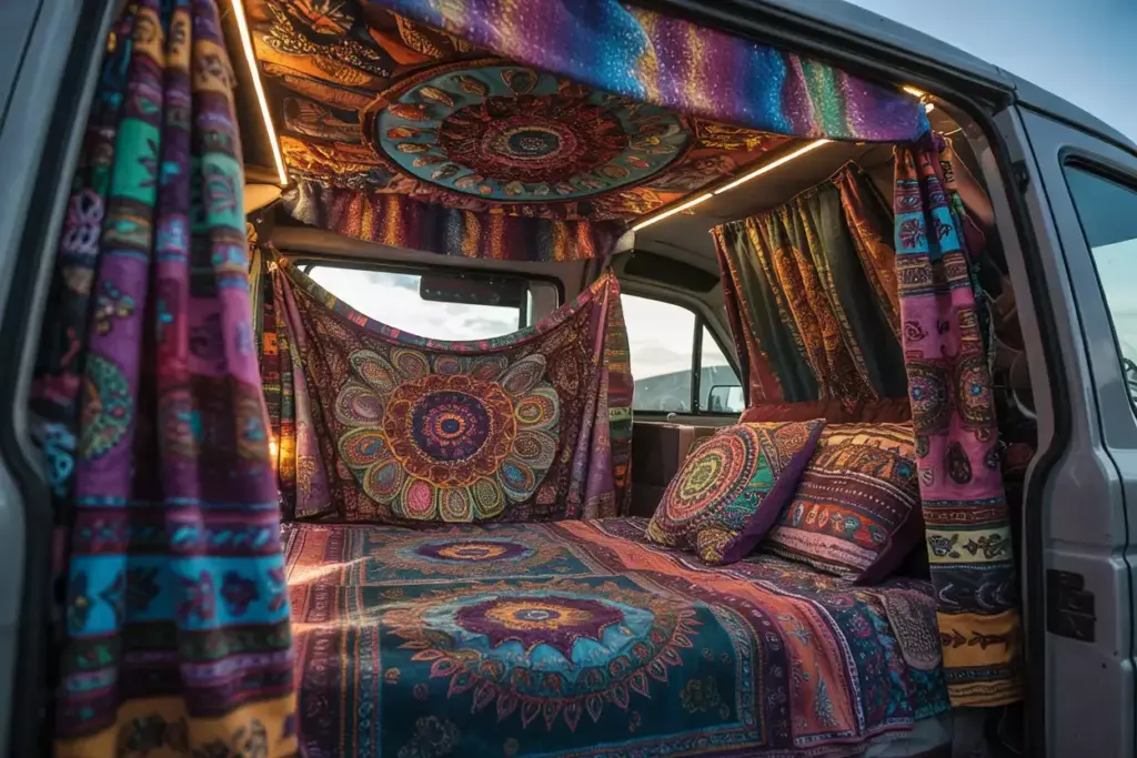 Vibrant Mandala Tapestries Jewel Tones Covering Van Ceiling And Walls