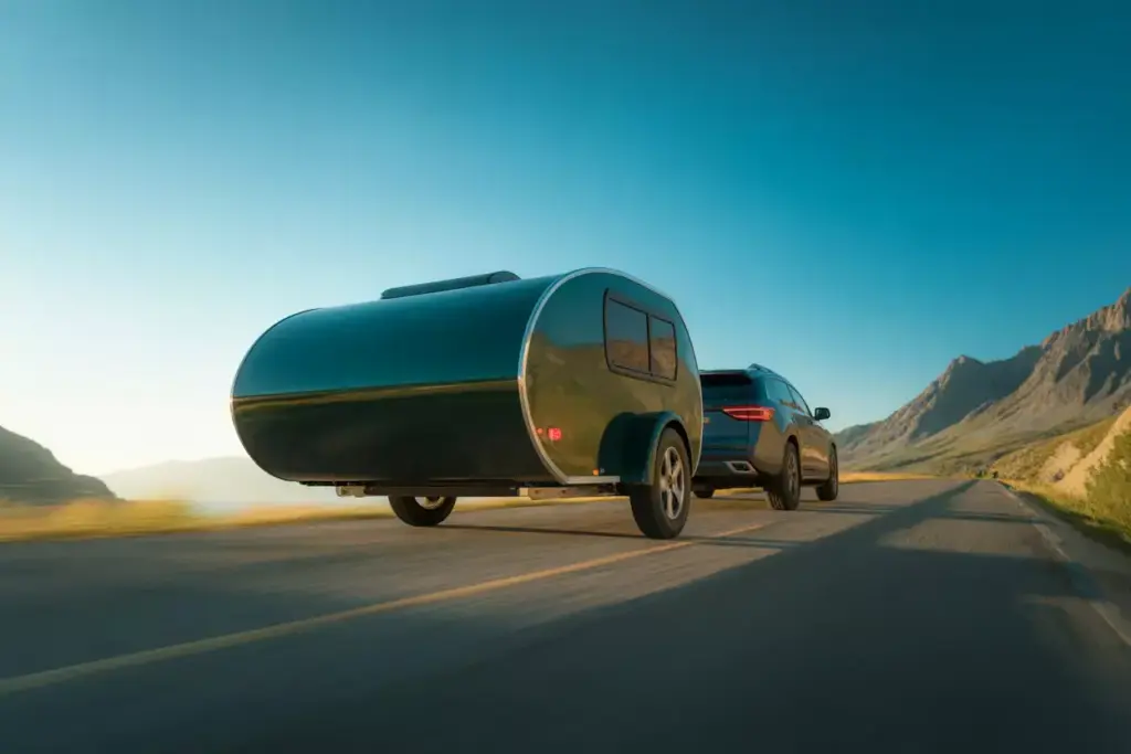 Compact Silver Teardrop Trailer Towed By Suv On Mountain Road For Weekend Adventure