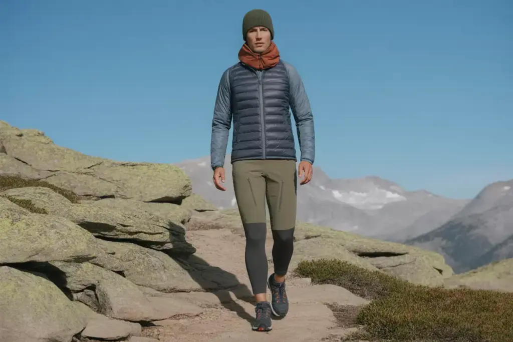 21 Alpine Minimalist Hiker In Lightweight Merino Wool Down Vest Convertible Pants On Rocky Trail