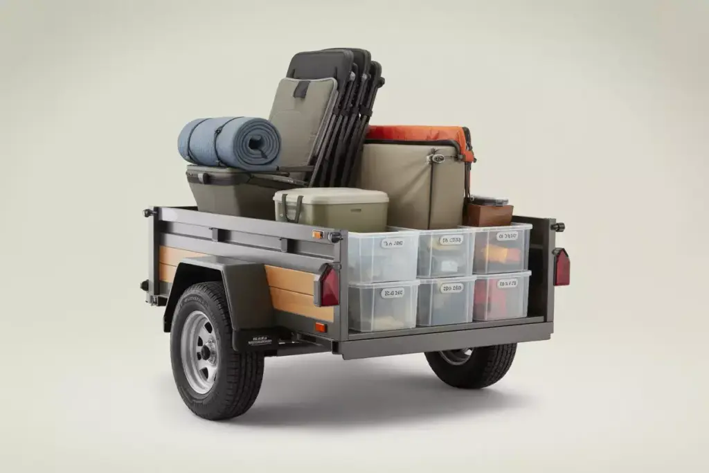 Mid Size Utility Trailer Loaded With Bins And Camping Gear In Studio