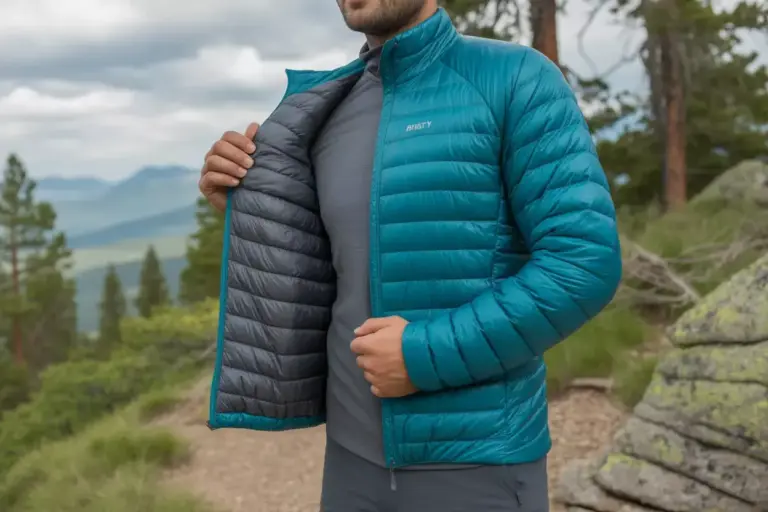 22 Hiker Holding Packable Insulated Mid Layer Jacket On Mountain Trail
