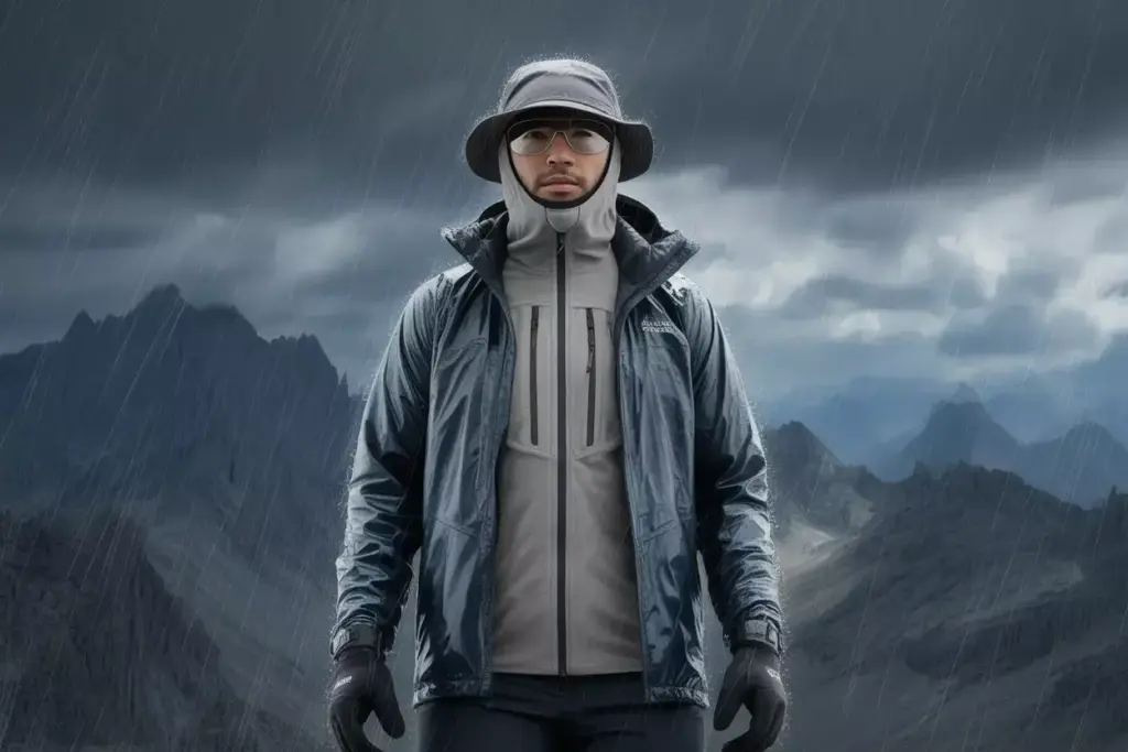 22 Weather Warrior In Hardshell Gear Facing Wind And Rain On Mountain Slope