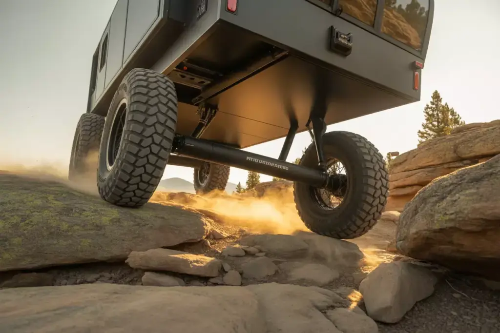Off Road Trailer With High Clearance And Mud Tires On Rocky Trail