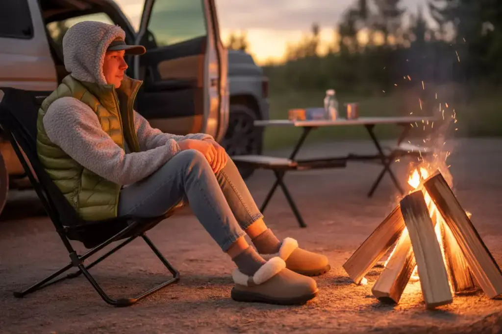 23 Comfort Camper In Fleece Hoodie And Insulated Vest Relaxing At Car Campsite