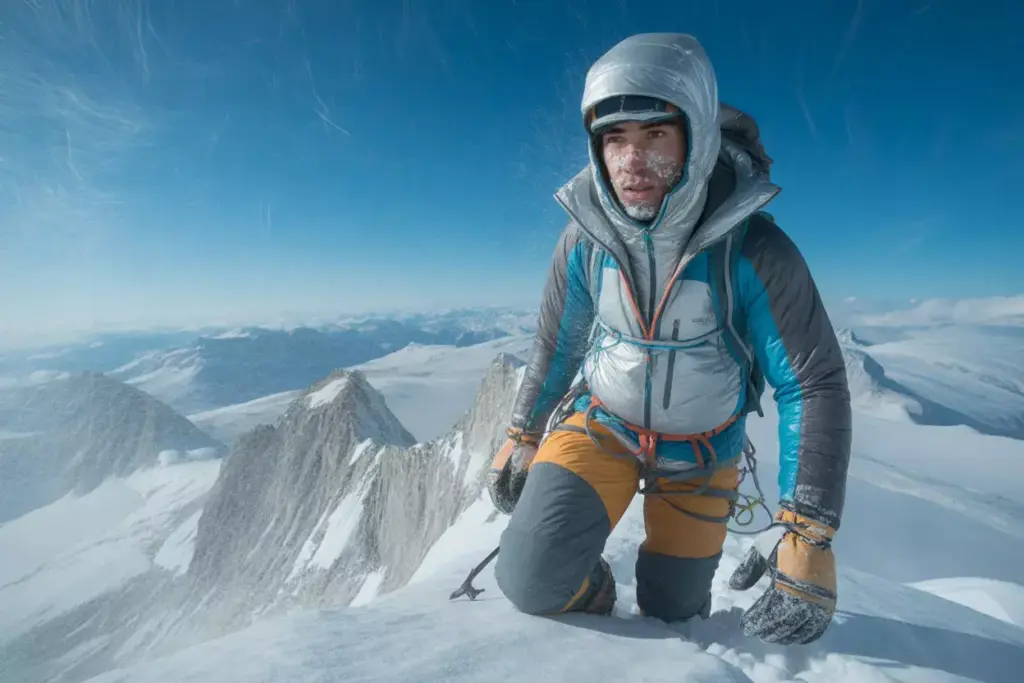 24 Technical Mountaineer In Gore Tex Shell And Crampon Boots On Snowy Ridge