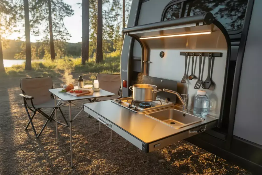 Hybrid Camping Trailer With Slide Out Kitchen Deployed At Forest Campsite