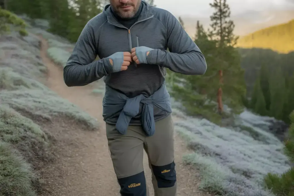 25 Versatile Adventurer Adjusting Quarter Zip And Gloves On Sunny Mountain Trail