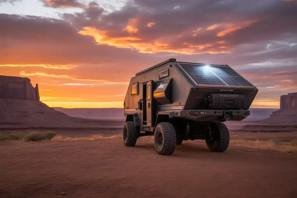 Expedition Trailer With Solar Panel In Remote Desert Valley At Sunset