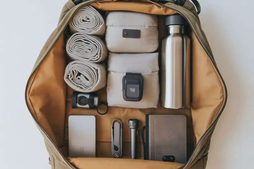 Embrace Minimalist Packing Principles With Organized Gear In Canvas Backpack