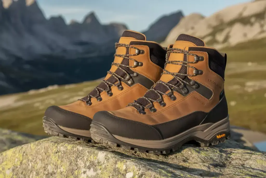 26 Sturdy Waterproof Hiking Boots On Rocky Ground With Mountain Backdrop