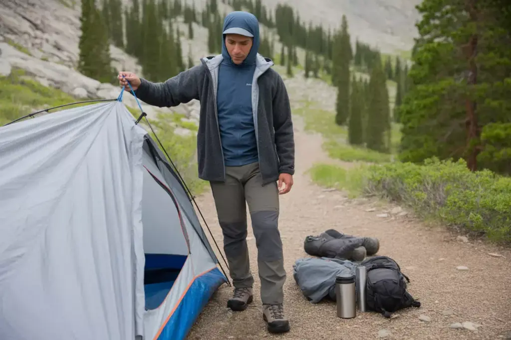 28 Budget Camper In Affordable Fleece And Rain Jacket Setting Up Mountain Camp
