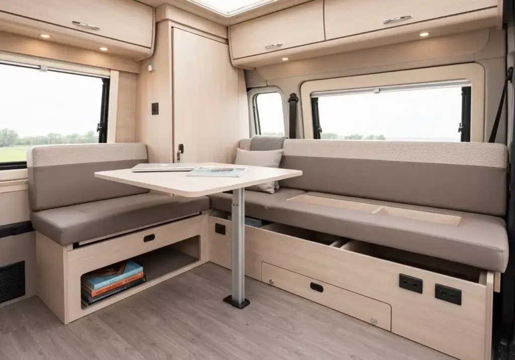 2b Convertible Dinette In Van With Vertical Table Storage And Bench Seats Revealing Hidden Compartments