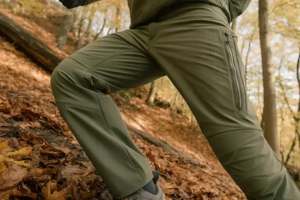 Hiker In Stretch Softshell Pants With Reinforced Knees On Slope