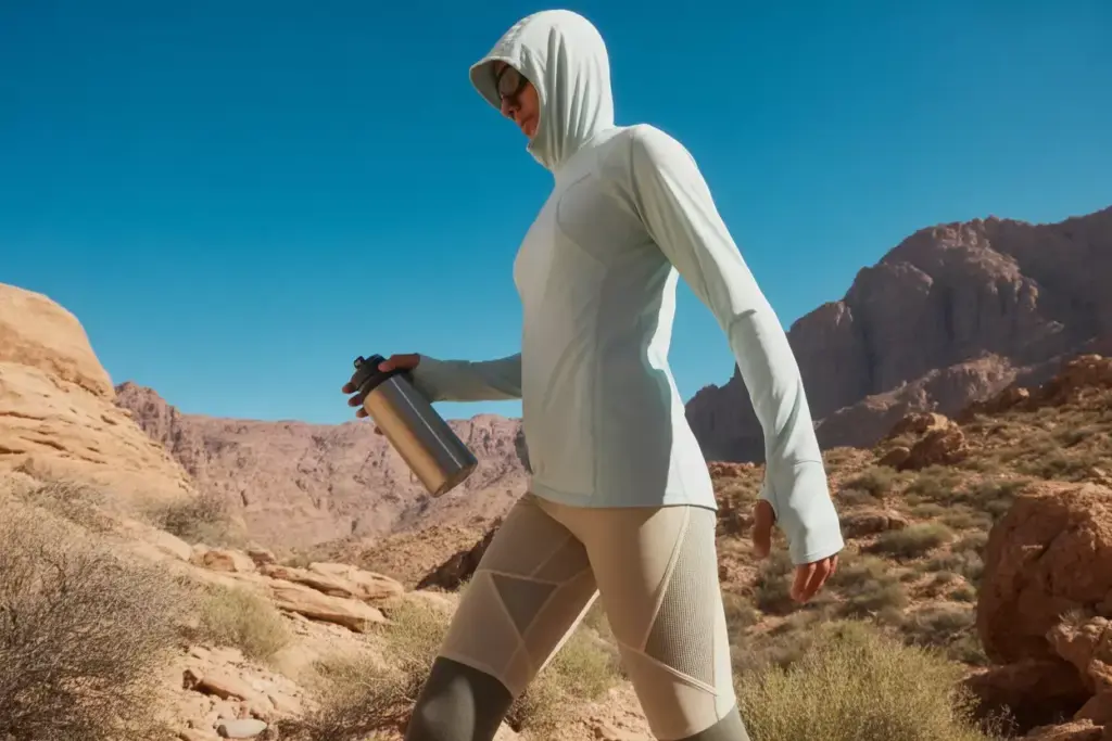 The Desert Mountain Specialist Hiker In Light Hoodie Leggings Under Hot Sun
