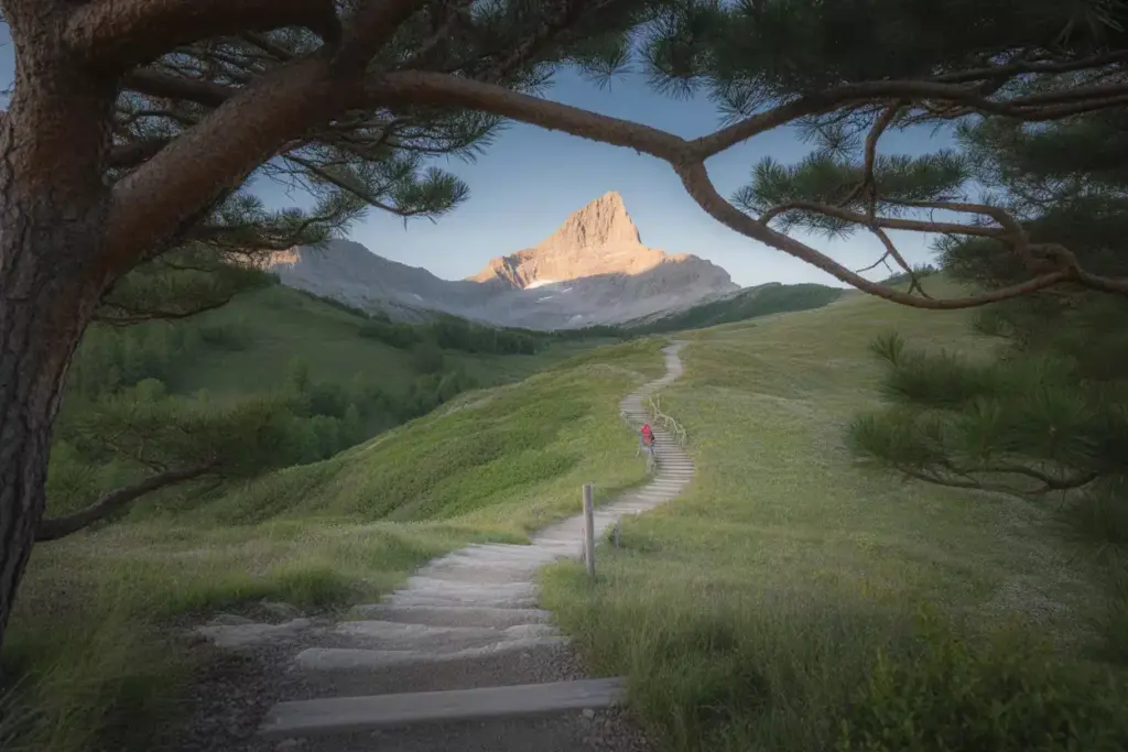 Winding Hiking Trail Leading To Distant Mountain Peak Framed By Pine Tree Branches