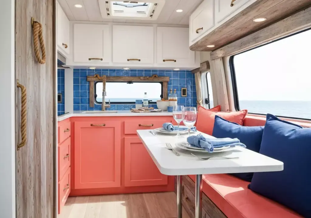 A Coastal Van Interior With Coral Pink Cabinets Blue Tiles And Nautical Hardware