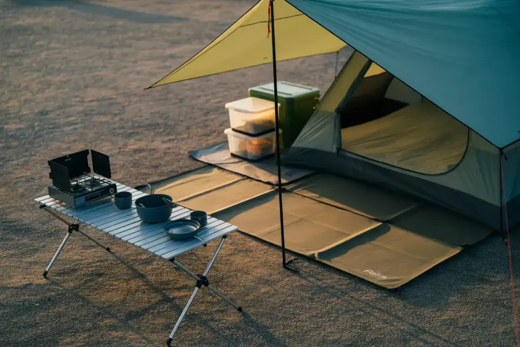 Aerial View Of Campsite With Kitchen Sleeping And Storage Zones Marked