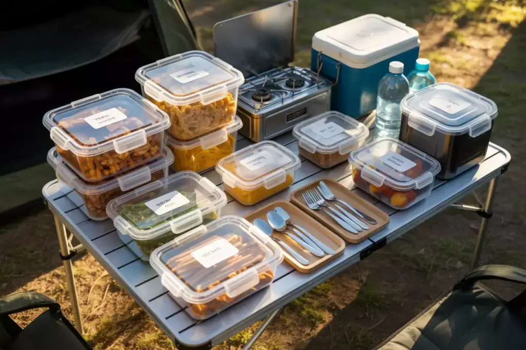 Camp Kitchen Organization With Clear Plastic Containers Holding Food And Utensils